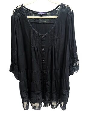 Roaman’s Black Lace Tiered Babydoll Tunic Top Plus 28 EUC Whimsigoth Coquette